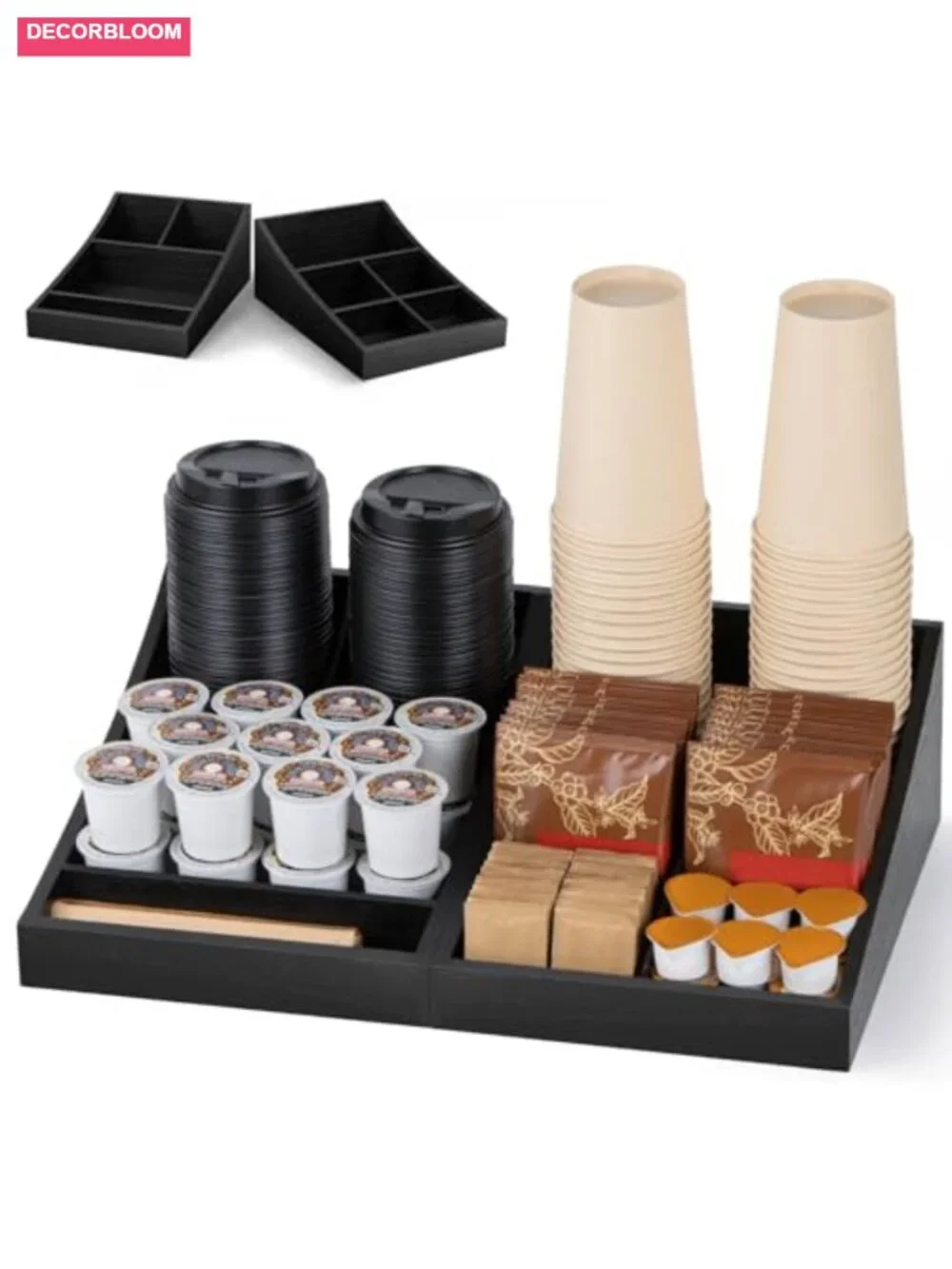 Coffee Station Organizer Countertop Wood Condiment Caddy 2-in-1